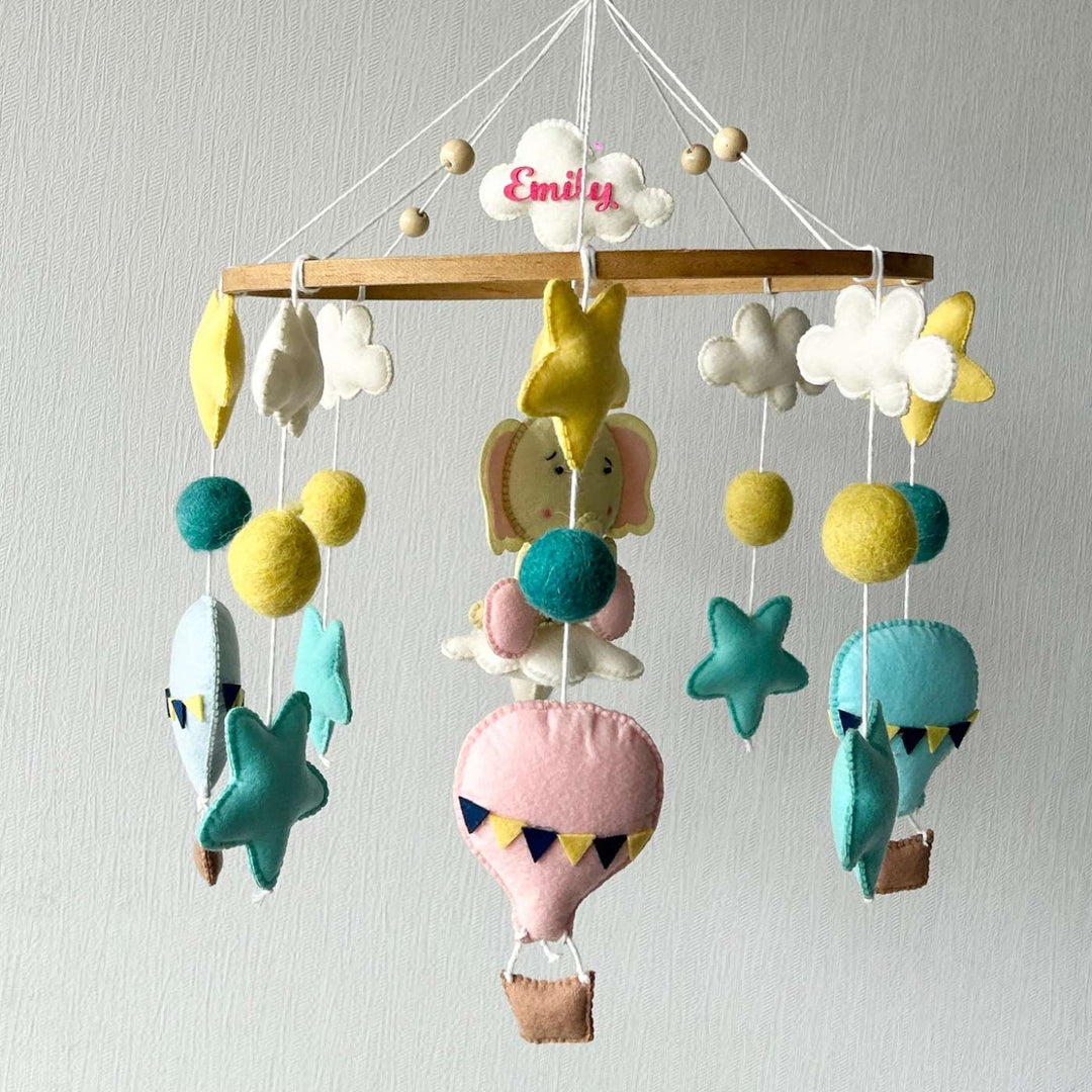 Personalized Handmade Elephant Air Adventure Felt Cot Mobile For Newborns