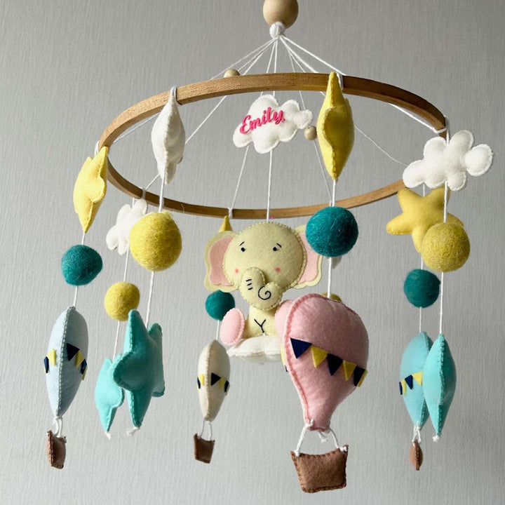 Personalized Handmade Elephant Air Adventure Felt Cot Mobile For Newborns