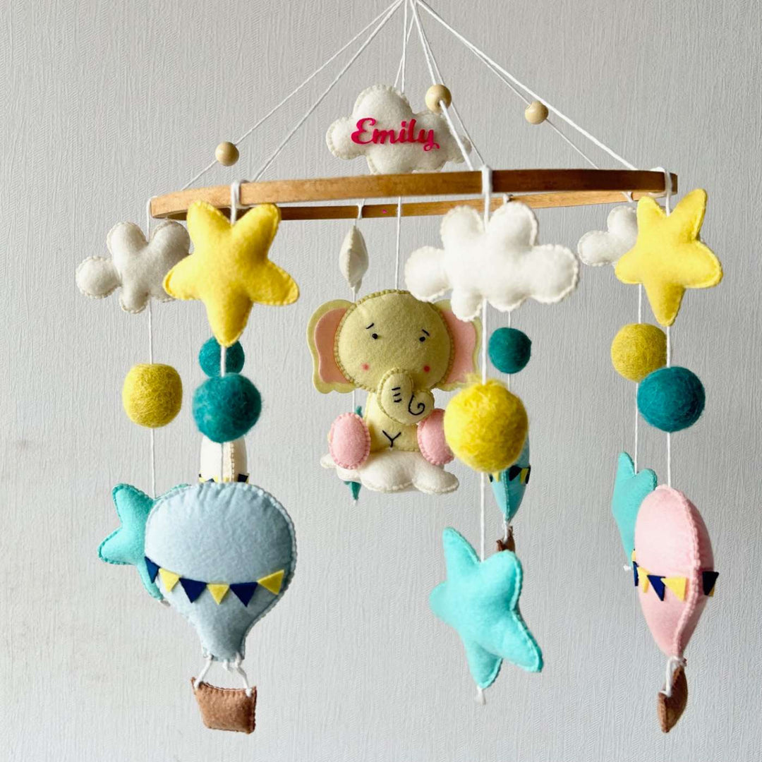 Personalized Handmade Elephant Air Adventure Felt Cot Mobile For Newborns