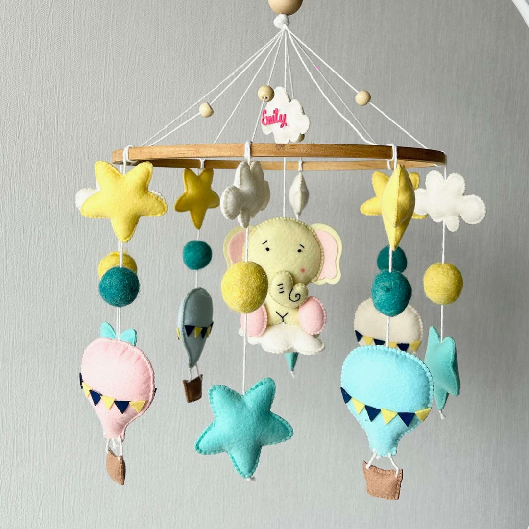 Personalized Handmade Elephant Air Adventure Felt Cot Mobile For Newborns