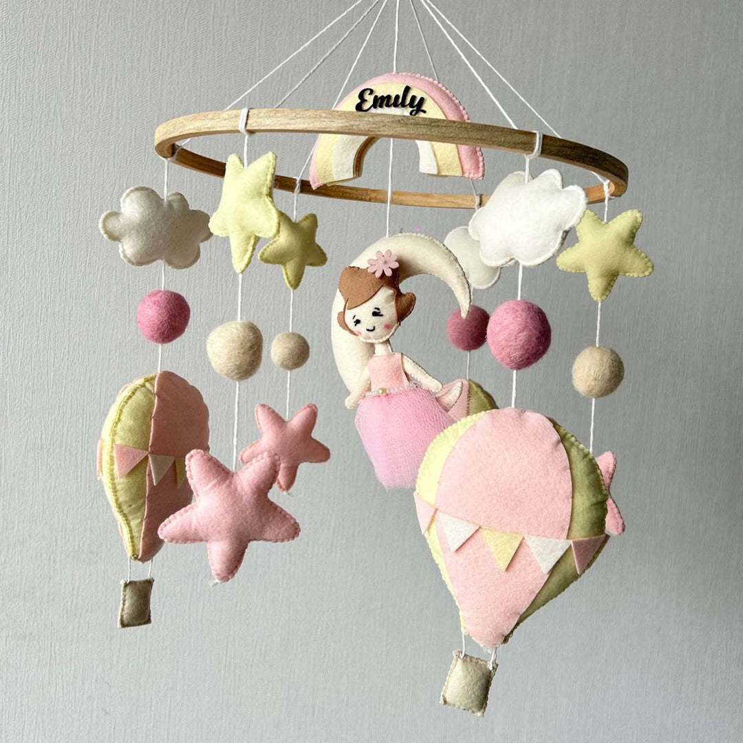 Personalized Handmade Fairy’S Magic Balloon Ride Felt Cot Mobile For Newborns