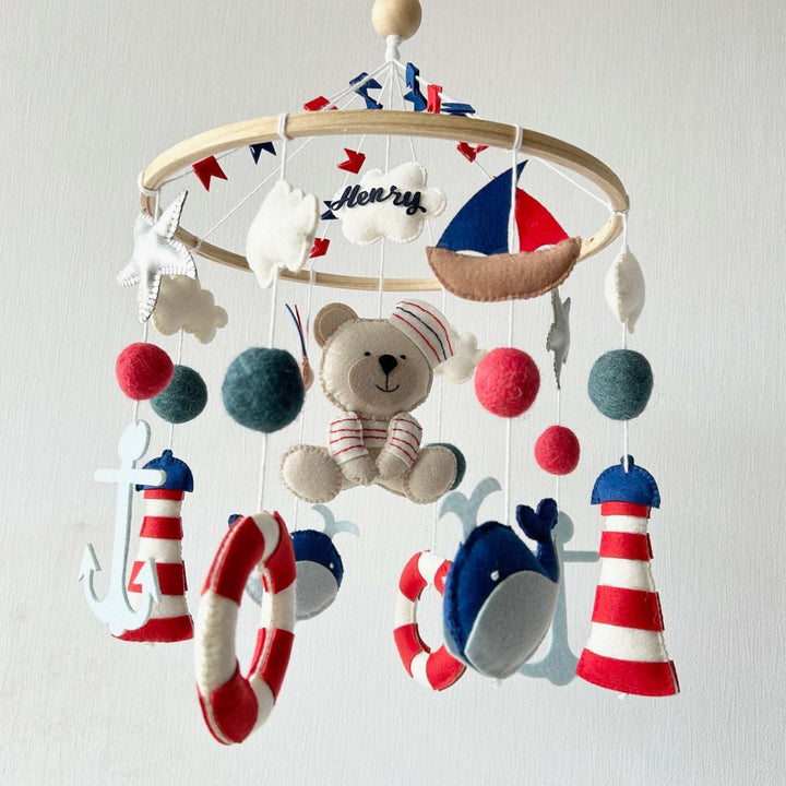 Personalized Handmade Nautical Captain Teddy Felt Cot Mobile For Newborns