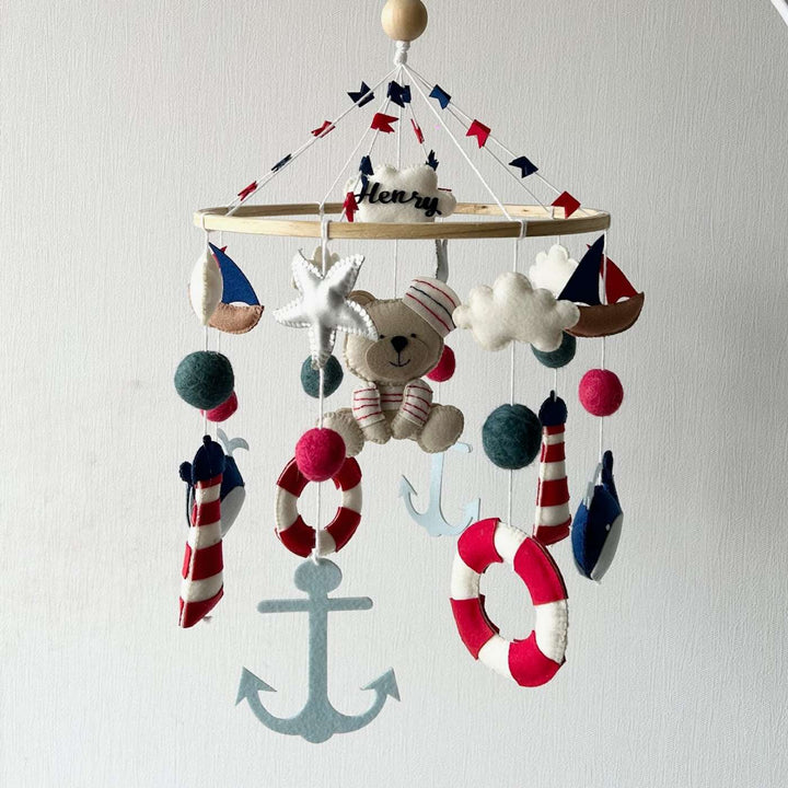 Personalized Handmade Nautical Captain Teddy Felt Cot Mobile For Newborns