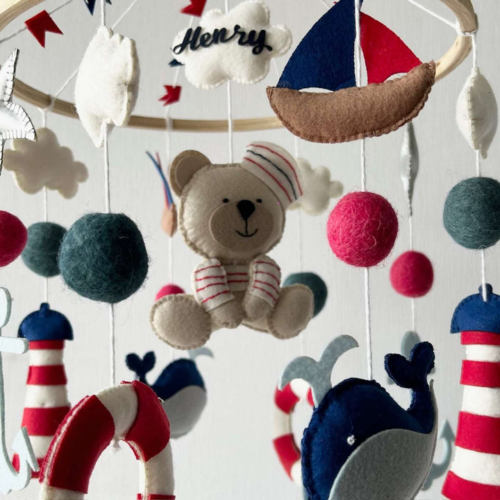 Personalized Handmade Nautical Captain Teddy Felt Cot Mobile For Newborns