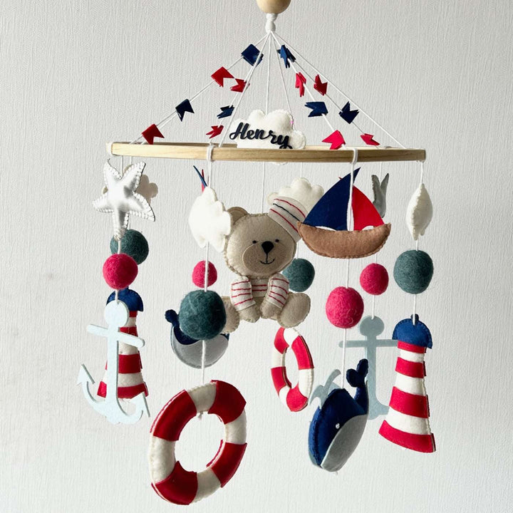 Personalized Handmade Nautical Captain Teddy Felt Cot Mobile For Newborns