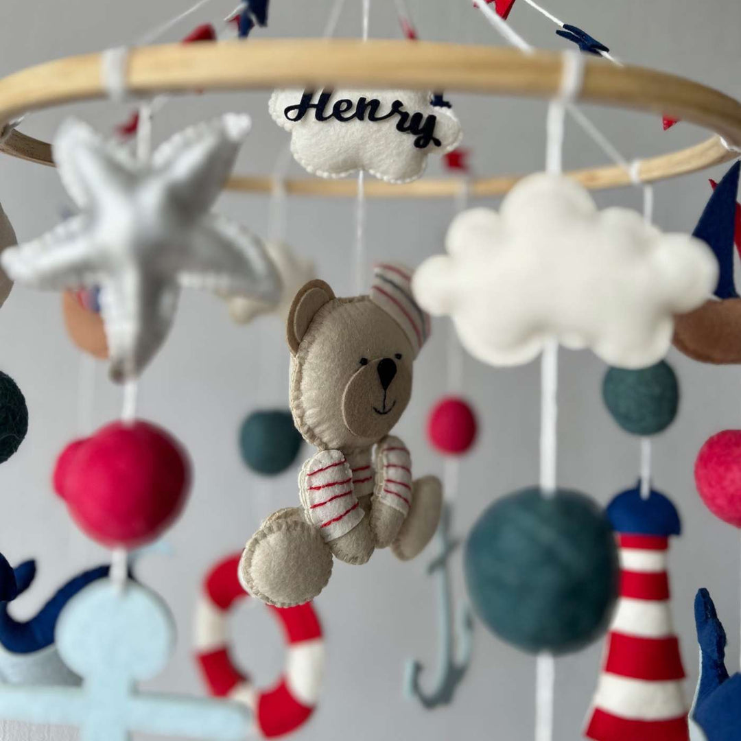 Personalized Handmade Nautical Captain Teddy Felt Cot Mobile For Newborns