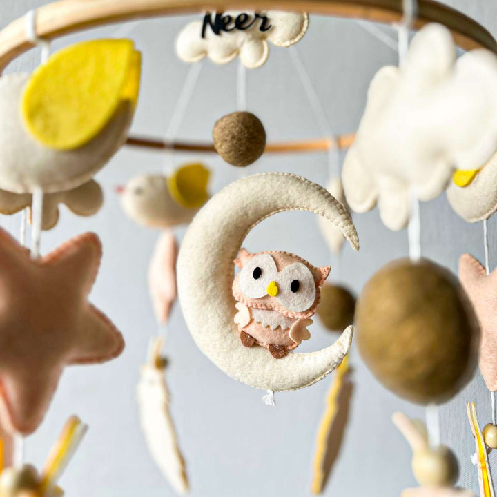 Personalized Handmade Owl Moonlight Felt Cot Mobile For Newborns