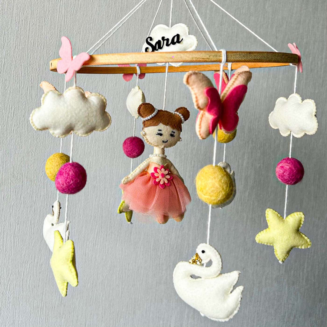 Personalized Handmade Swan And Fairy Flutter Felt Cot Mobile For Newborns