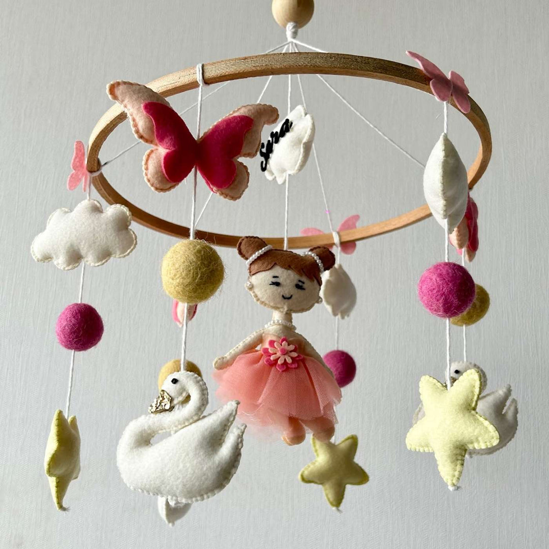 Personalized Handmade Swan And Fairy Flutter Felt Cot Mobile For Newborns