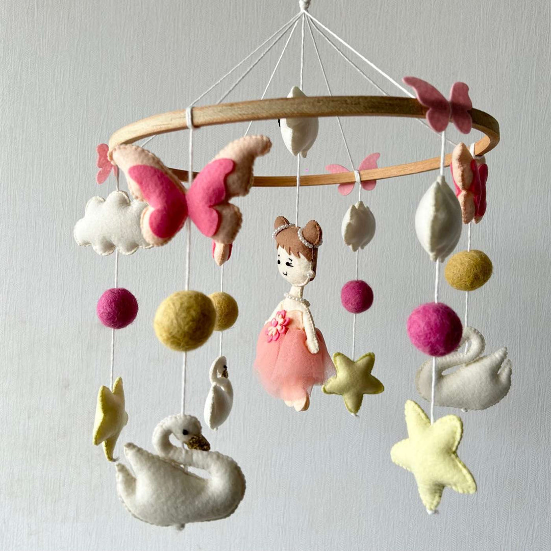 Personalized Handmade Swan And Fairy Flutter Felt Cot Mobile For Newborns