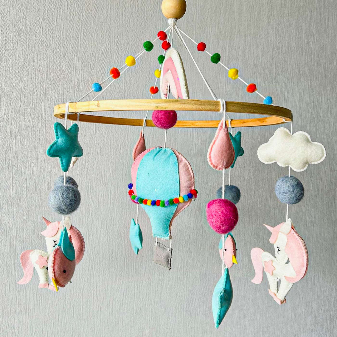 Personalized Handmade Unicorn'S Rainbow Flight Felt Cot Mobile For Newborns