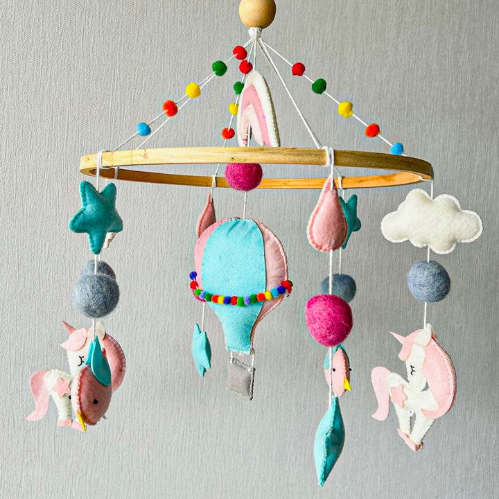 Personalized Handmade Unicorn'S Rainbow Flight Felt Cot Mobile For Newborns