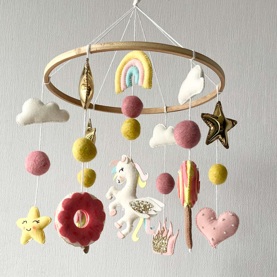 Personalized Handmade Whimsical Unicorn Felt Cot Mobile For Newborns