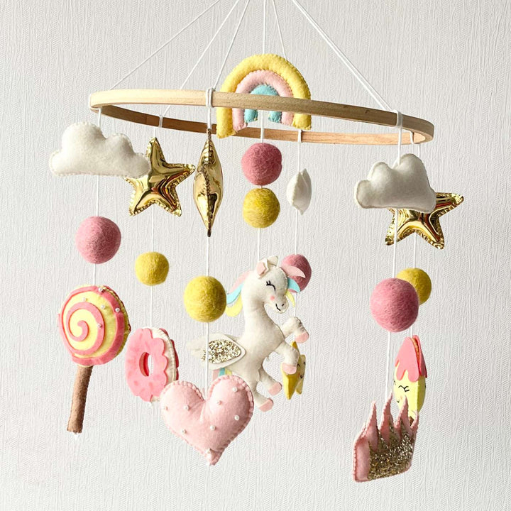 Personalized Handmade Whimsical Unicorn Felt Cot Mobile For Newborns