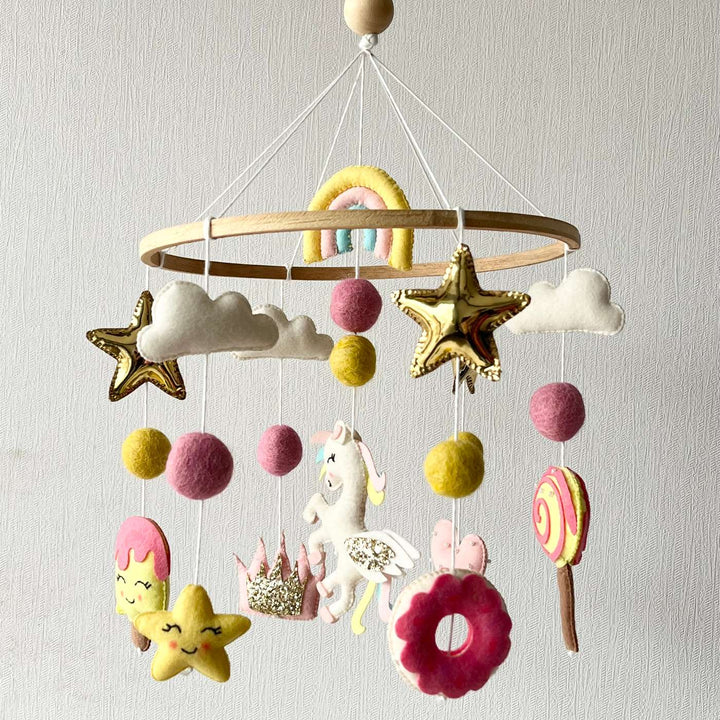 Personalized Handmade Whimsical Unicorn Felt Cot Mobile For Newborns