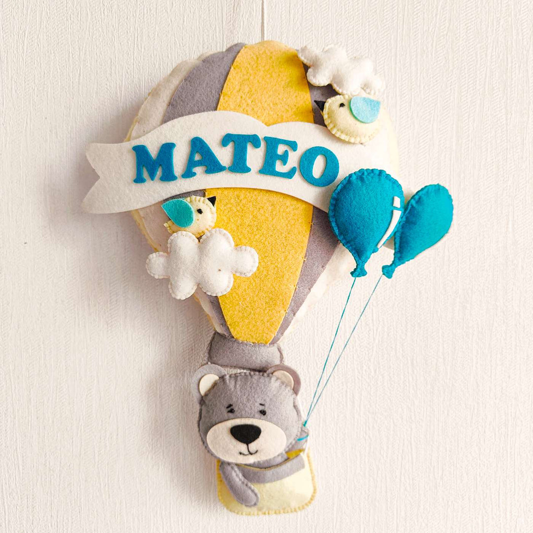 Personalized Grey Teddy In A Hot Air Balloon Theme Felt Kids Name Plate