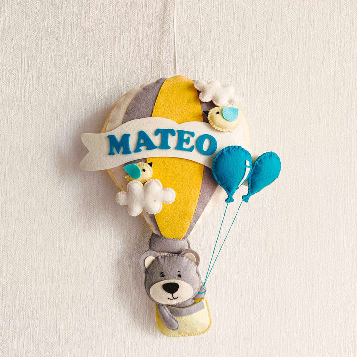 Personalized Grey Teddy In A Hot Air Balloon Theme Felt Kids Name Plate