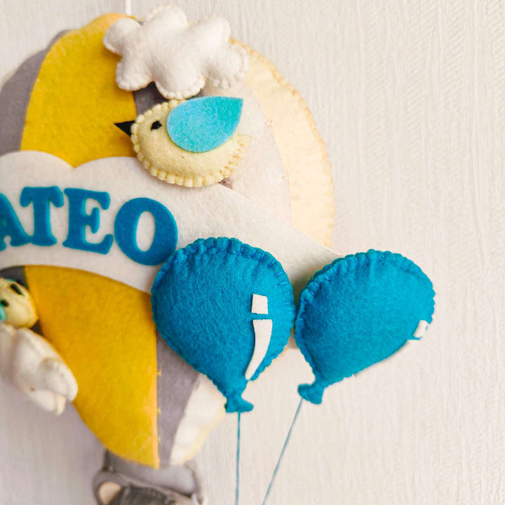 Personalized Grey Teddy In A Hot Air Balloon Theme Felt Kids Name Plate