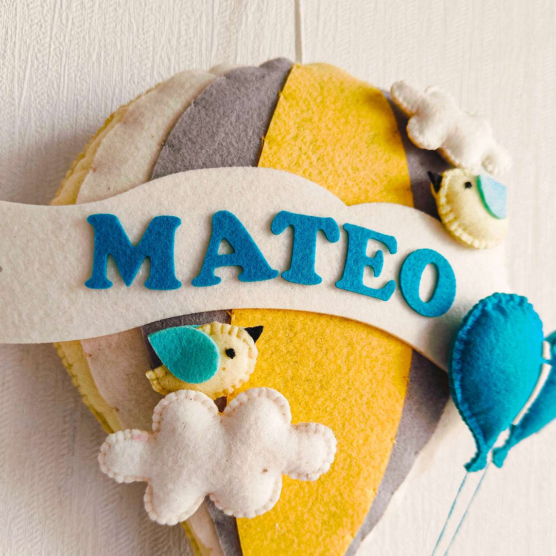 Personalized Grey Teddy In A Hot Air Balloon Theme Felt Kids Name Plate