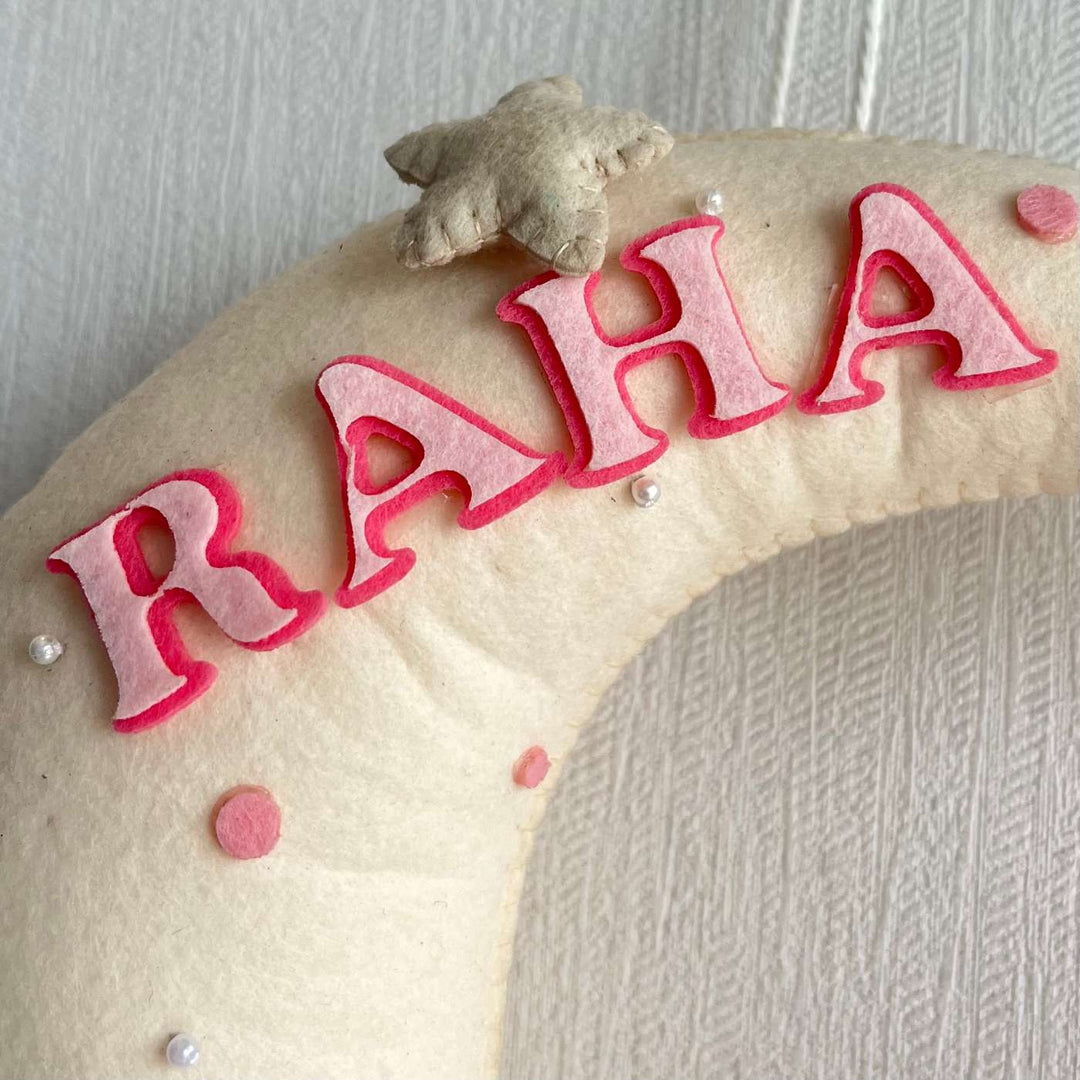 Personalized Pink Teddy On A Moon Theme Felt Kids Name Plate