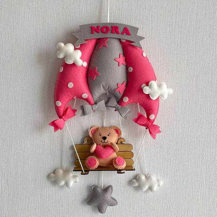 Personalized Pink Teddy On A Swing Theme Felt Kids Name Plate