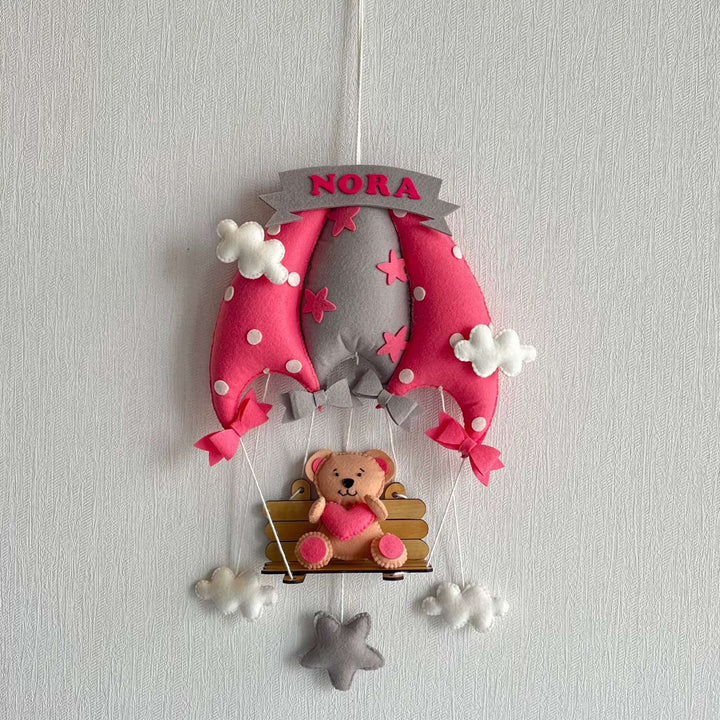 Personalized Pink Teddy On A Swing Theme Felt Kids Name Plate