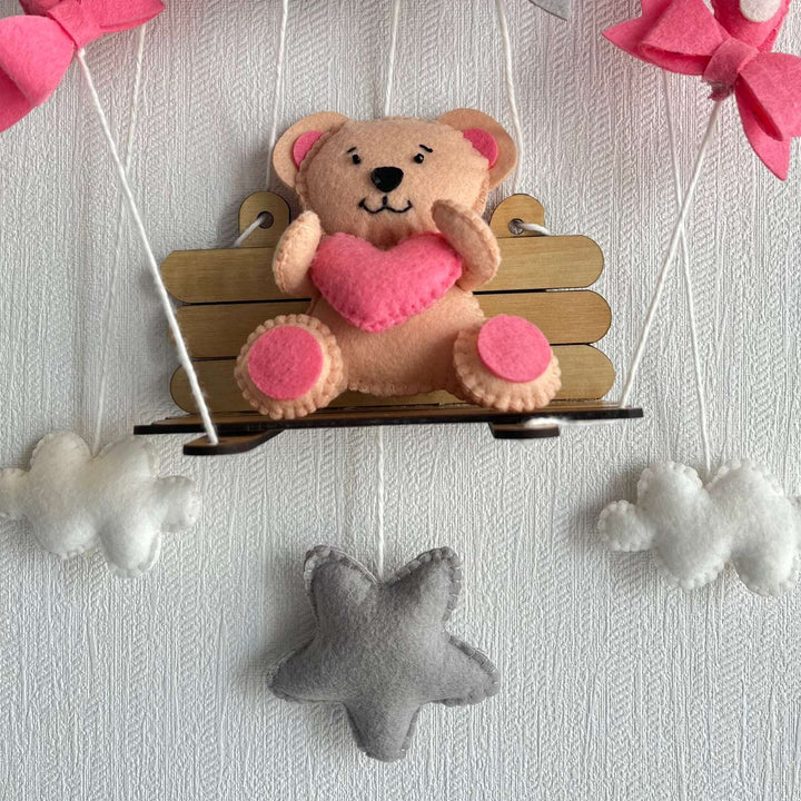 Personalized Pink Teddy On A Swing Theme Felt Kids Name Plate