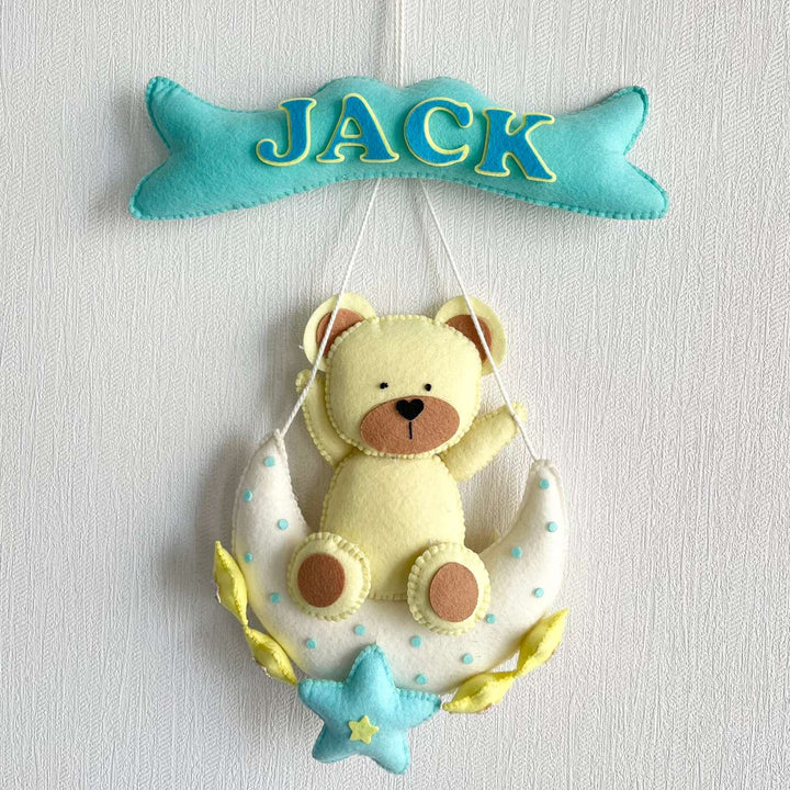 Personalized Teddy On A Moon Theme Felt Kids Name Plate