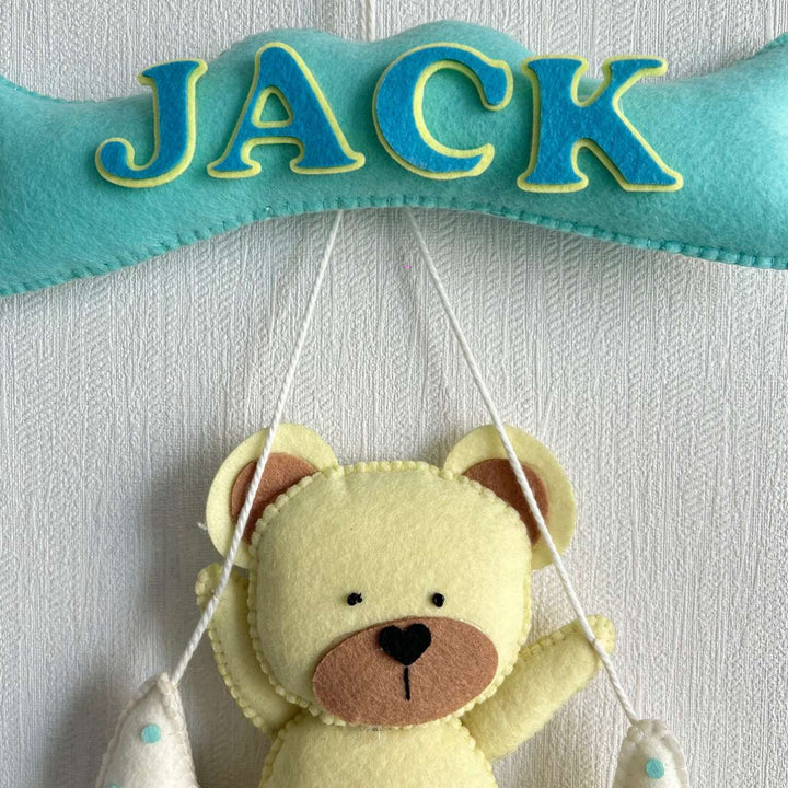 Personalized Teddy On A Moon Theme Felt Kids Name Plate