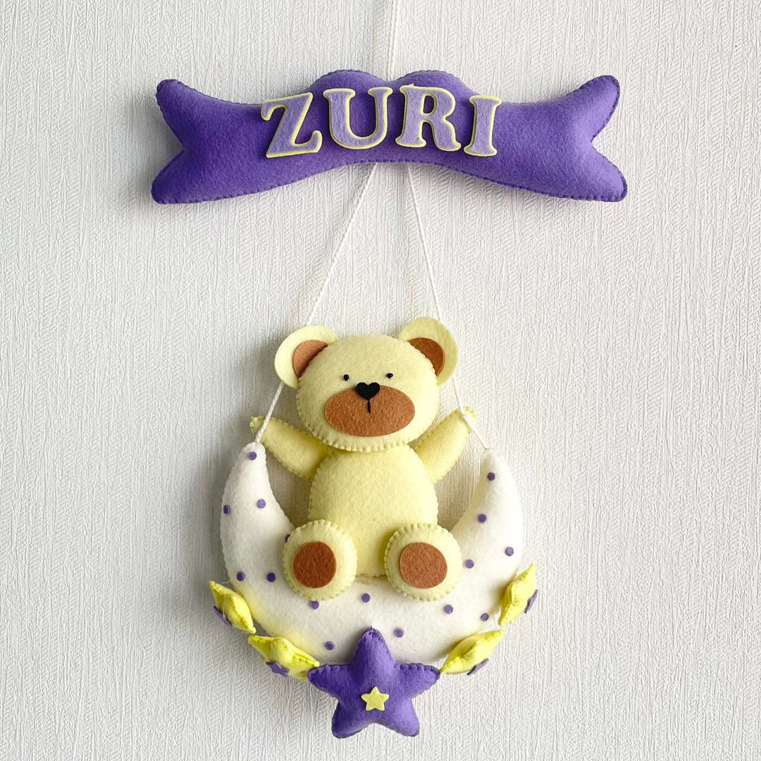 Personalized Teddy'S Starry Moon Theme Felt Kids Name Plate