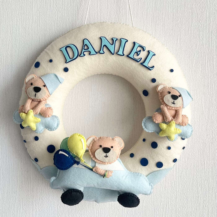 Personalized Teddy On A Car Theme Felt Kids Name Plate