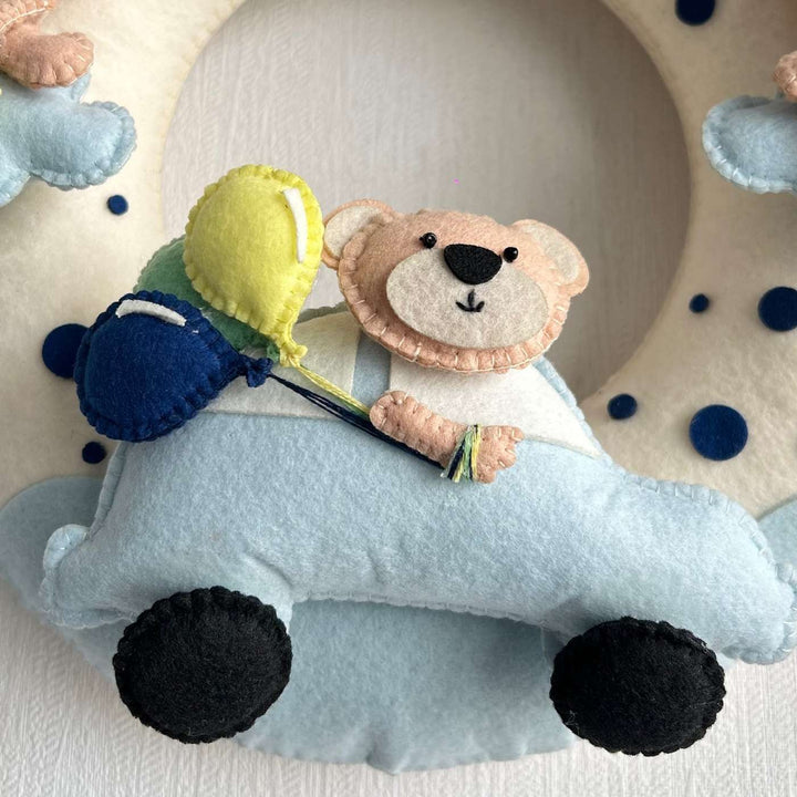 Personalized Teddy On A Car Theme Felt Kids Name Plate