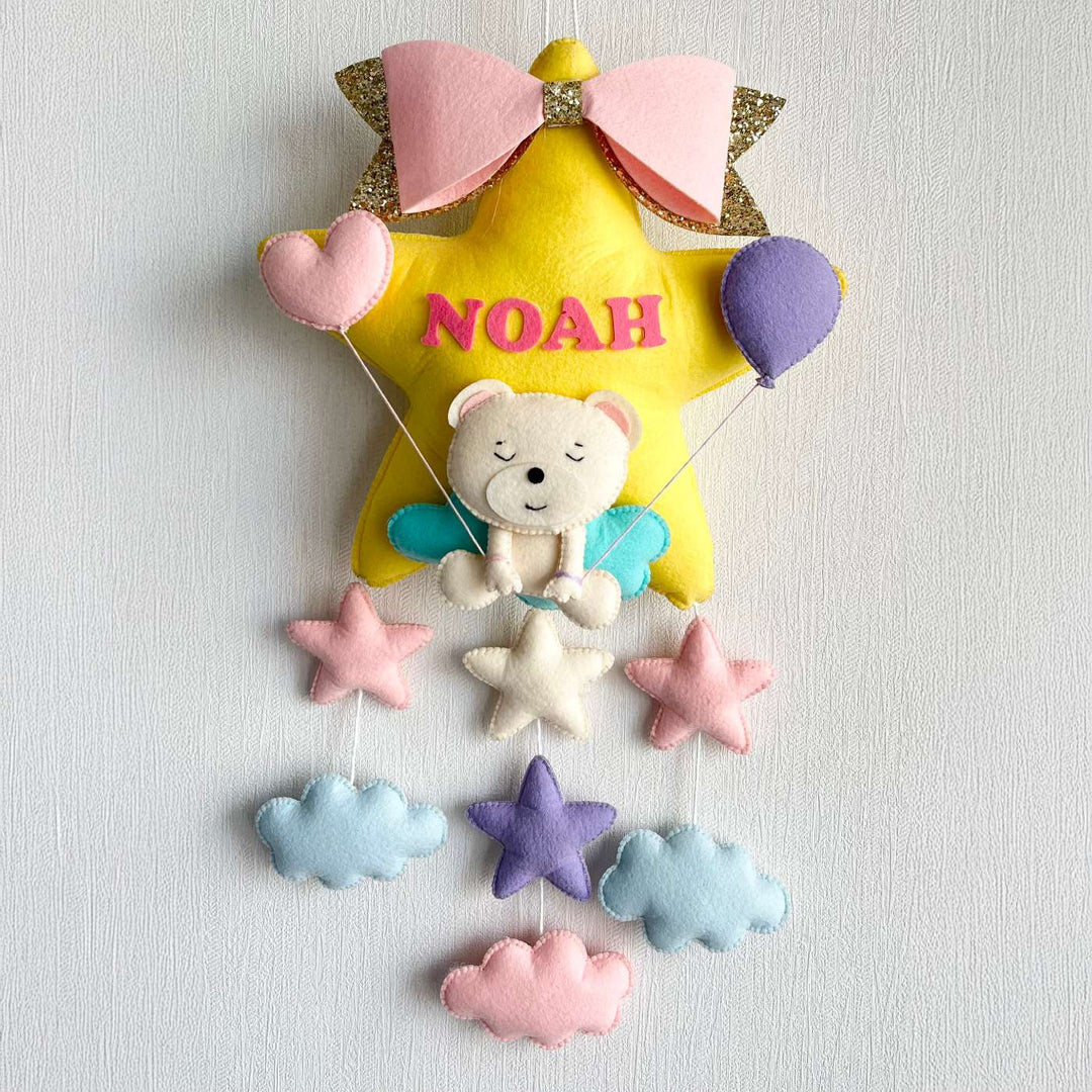 Personalized Teddy On A Star Theme Felt Kids Name Plate