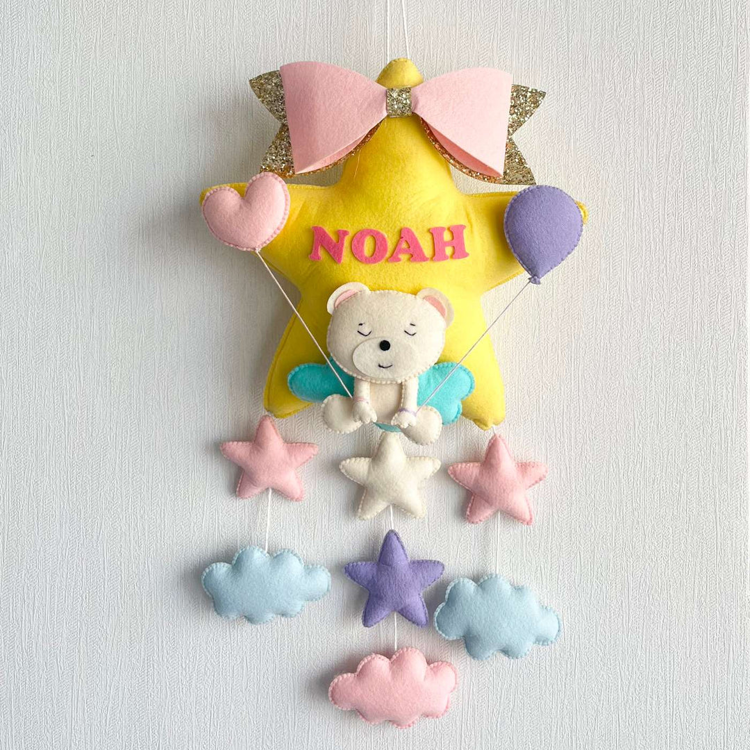 Personalized Teddy On A Star Theme Felt Kids Name Plate