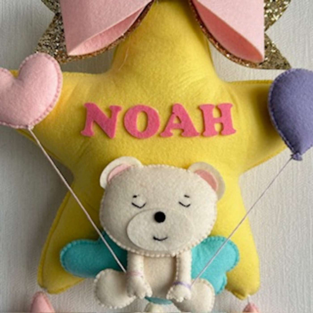 Personalized Teddy On A Star Theme Felt Kids Name Plate