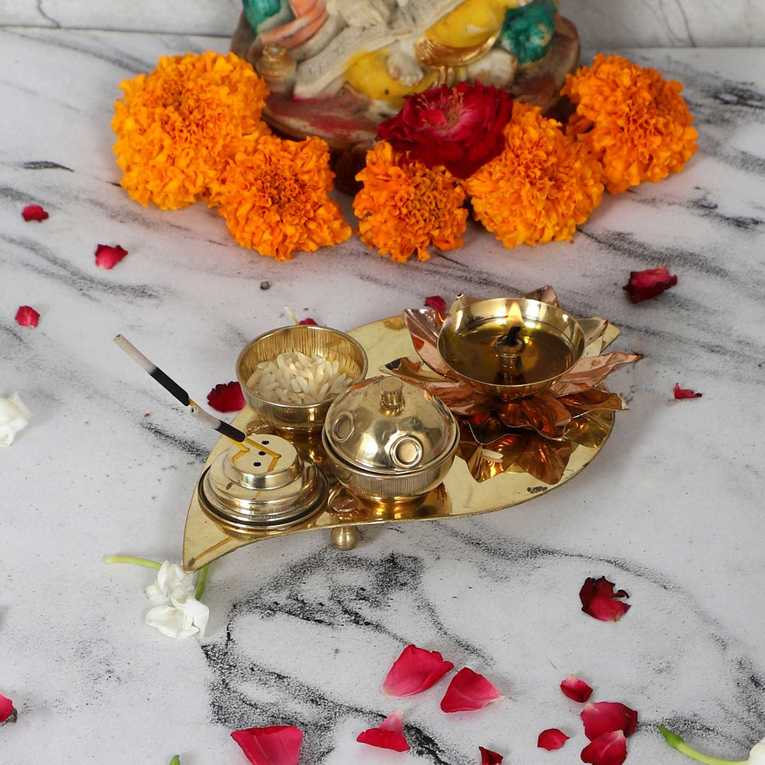 Handmade Beetel Leaf Brass Puja Thali | Set of 4