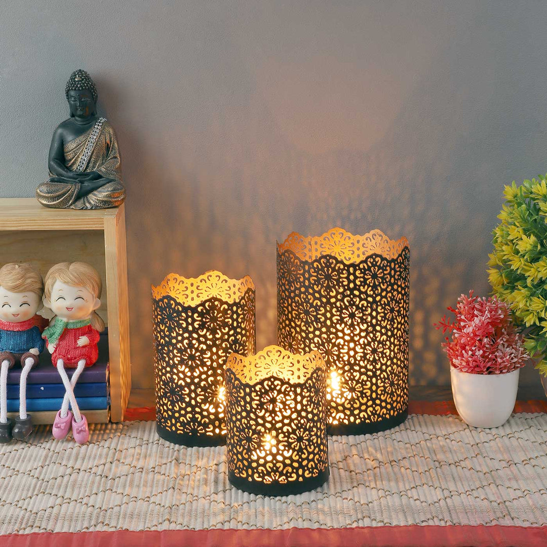 Handmade Black & Gold Iron Tealight Holder | Set of 3