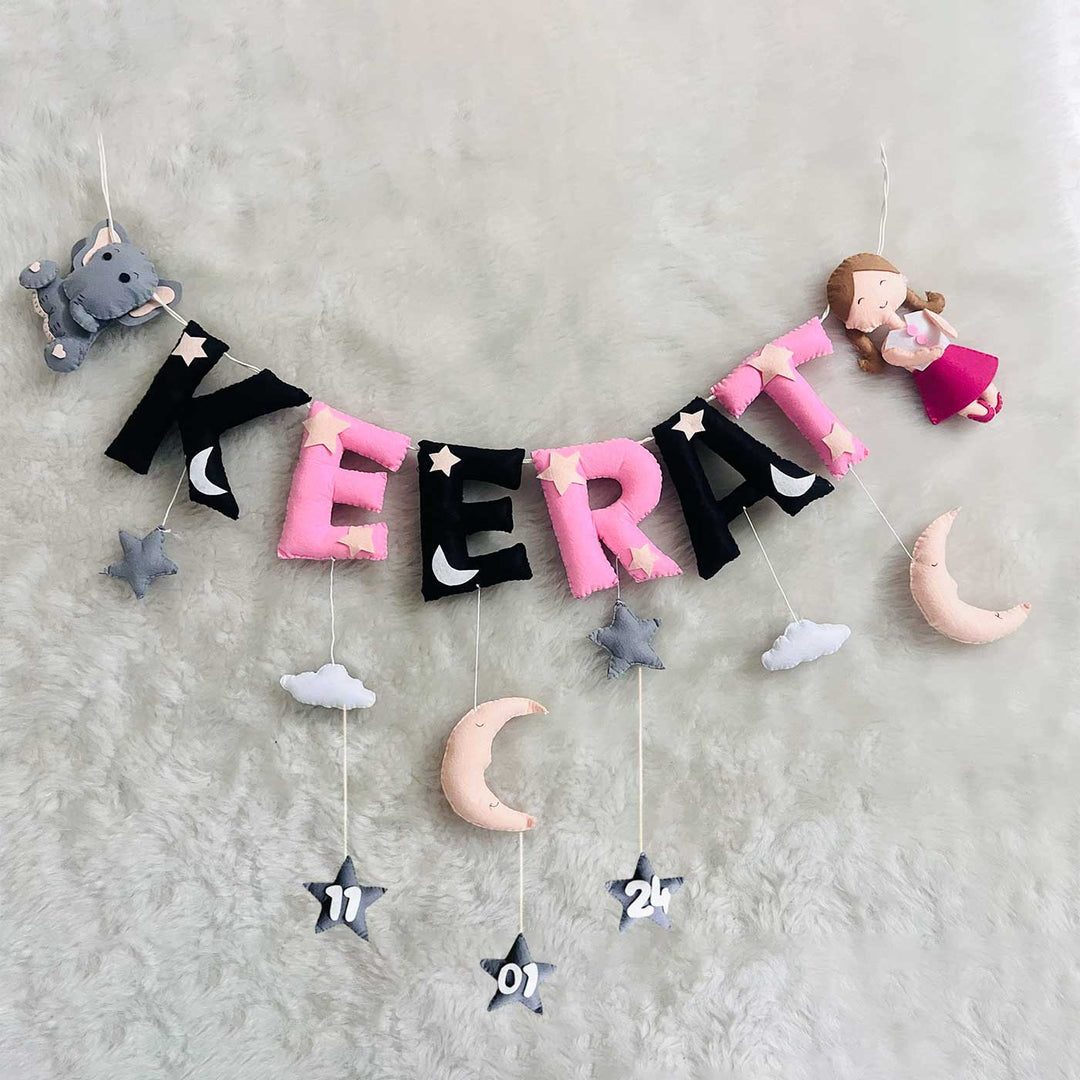 Handcrafted Personalized Black Pink Themed Bunting For Kids