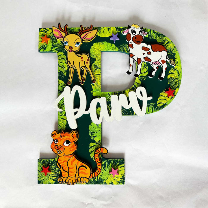 Personalized Hand-painted Jungle Animal MDF Wood Monogram With 3D Letters