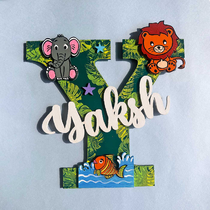 Personalized Hand-painted Jungle Animal & Fish MDF Wood Monogram With 3D Letters