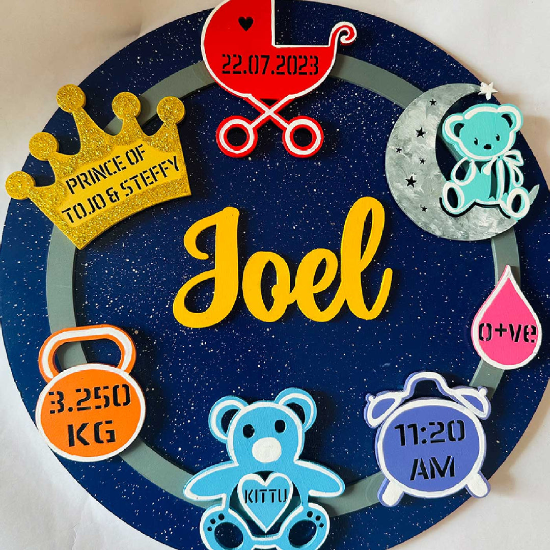 Personalized Hand-painted Birth Detail Celebration MDF Wood Kids Name Plate With 3D Letters