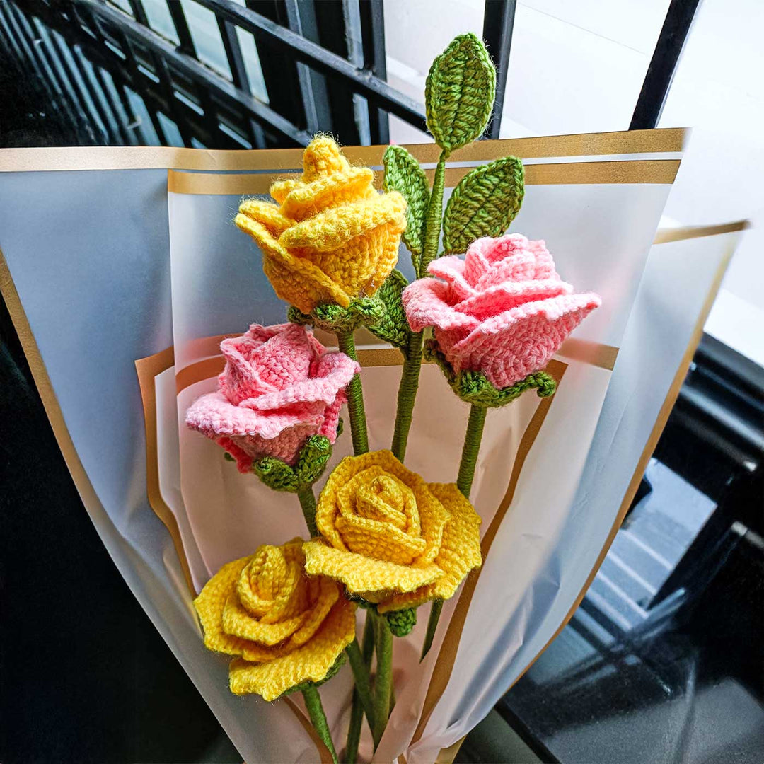 Handmade Crochet Pink & Yellow Rose Flower Bouquet | Set Of 5