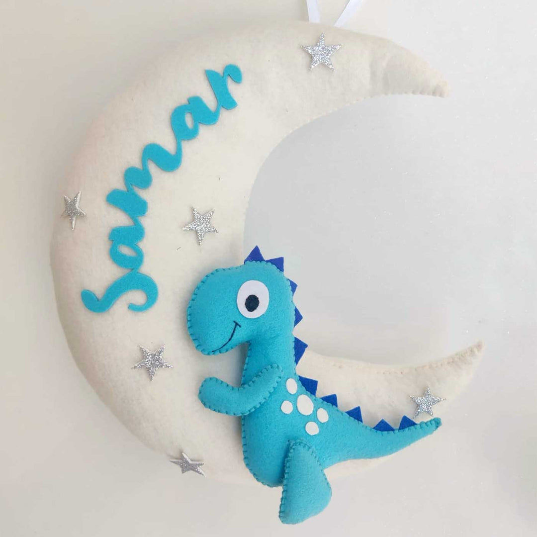 Handmade Personalized Dino On Moon Felt Kids Name Hanging