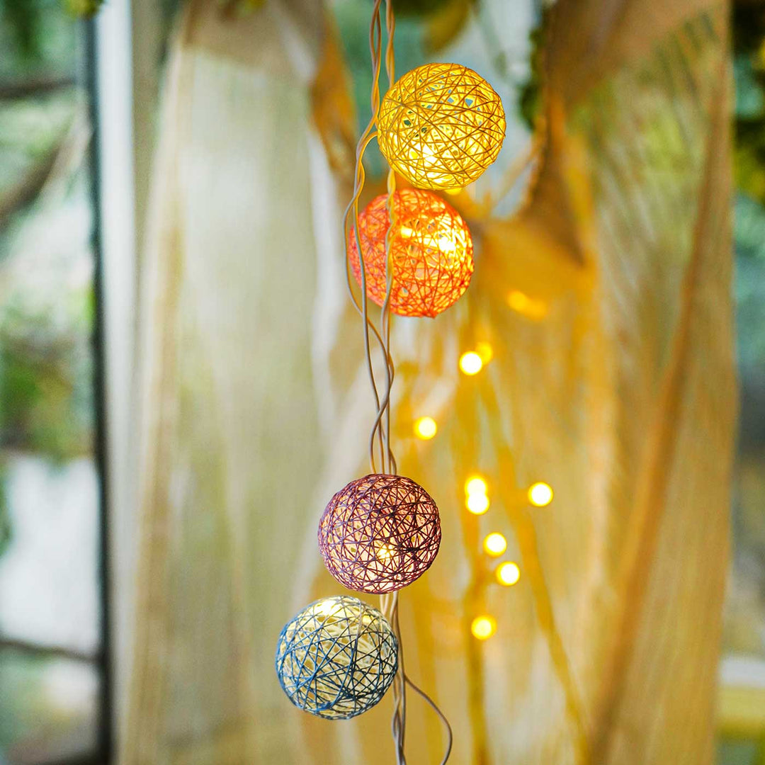 Handcrafted Yarn Spherical Fairy Light Hangings - Pastel Colors