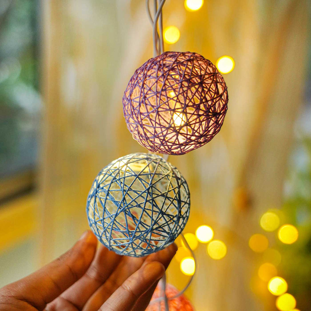 Handcrafted Yarn Spherical Fairy Light Hangings - Pastel Colors