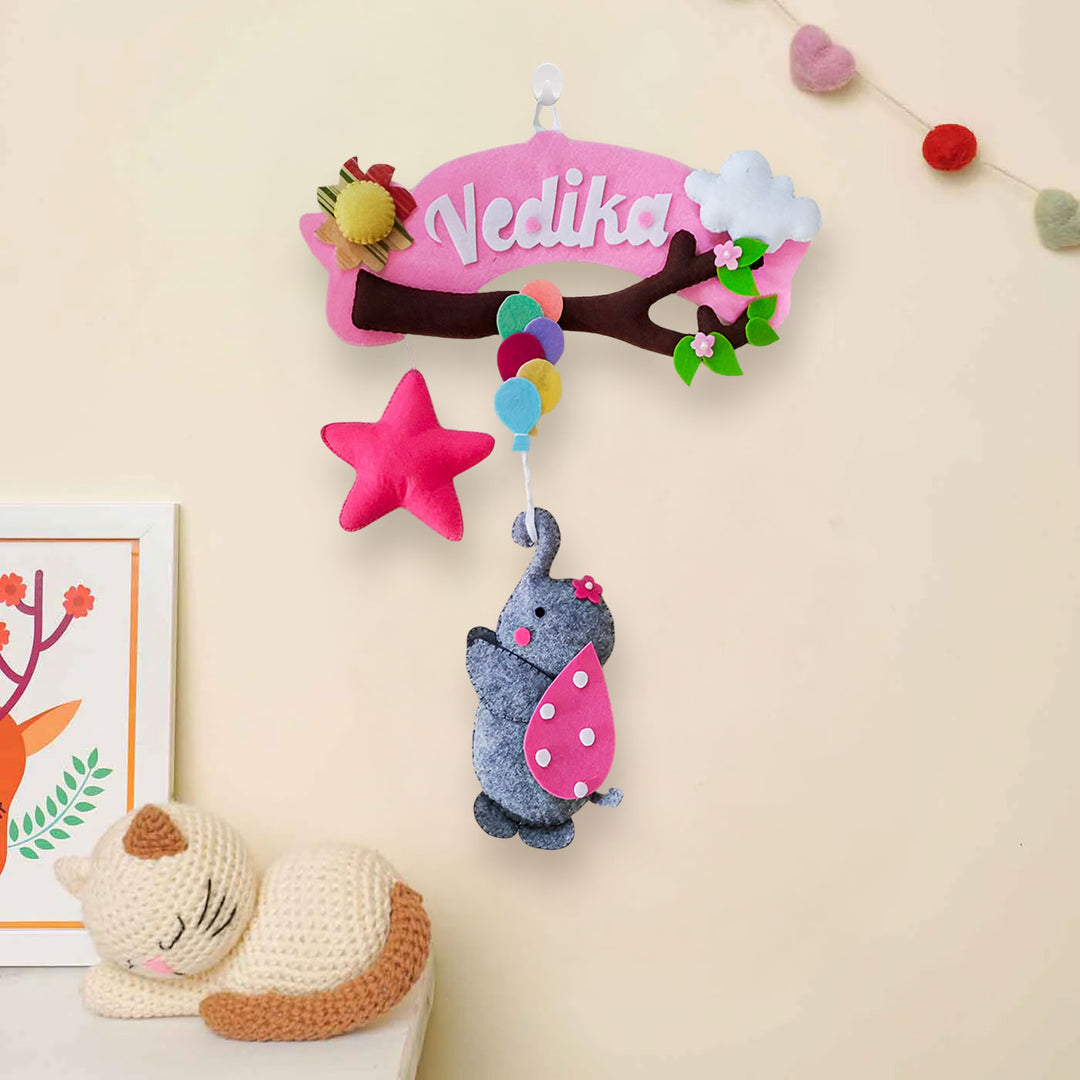 Personalized Branch & Elephant Theme Felt Kids Name Plate