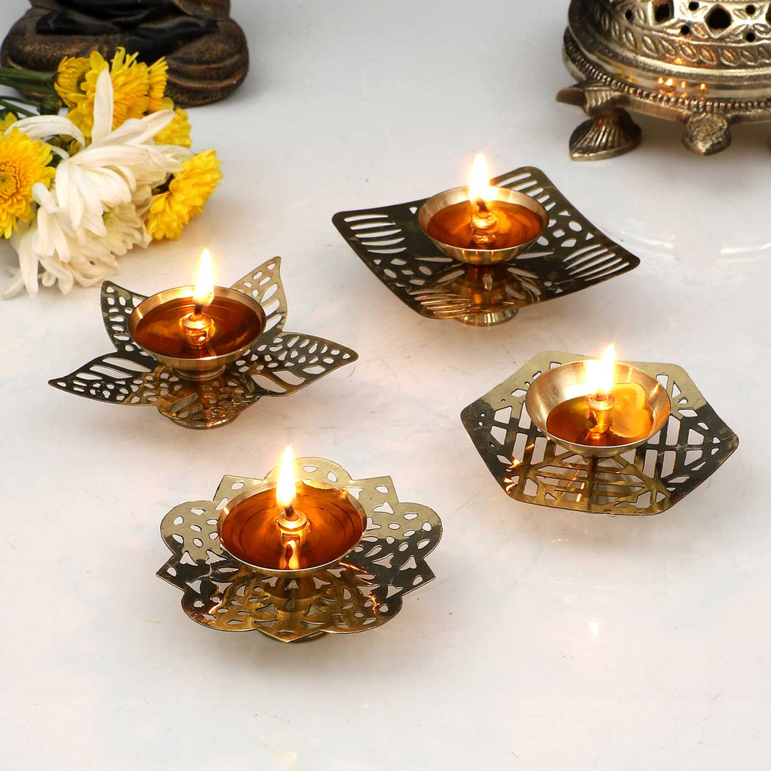 Handmade Etching Brass Oil Lamp / Diya | Set of 4