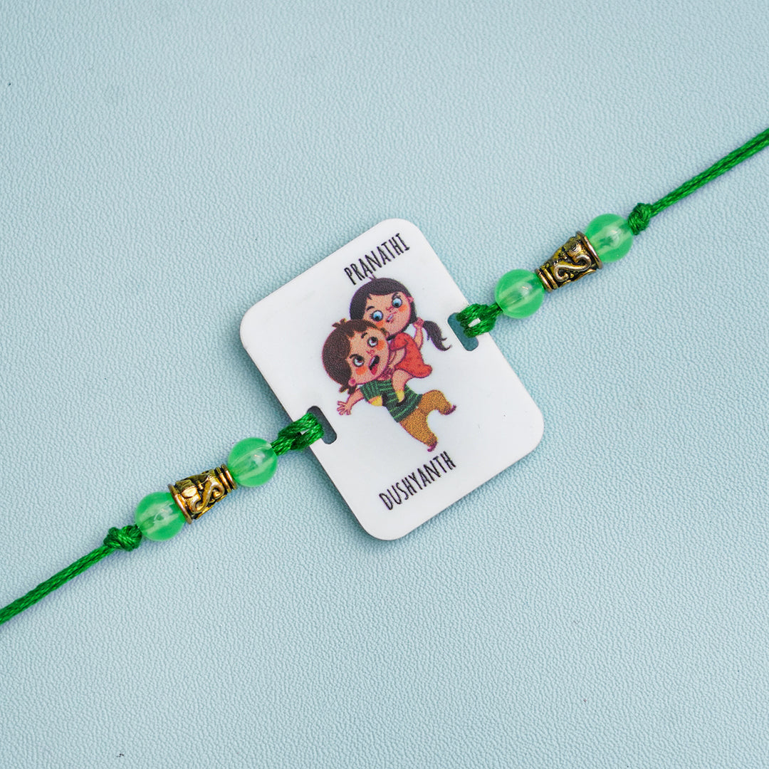 Personalized Handmade Printed Bro & Sis Acrylic Rakhi With Roli Chawal