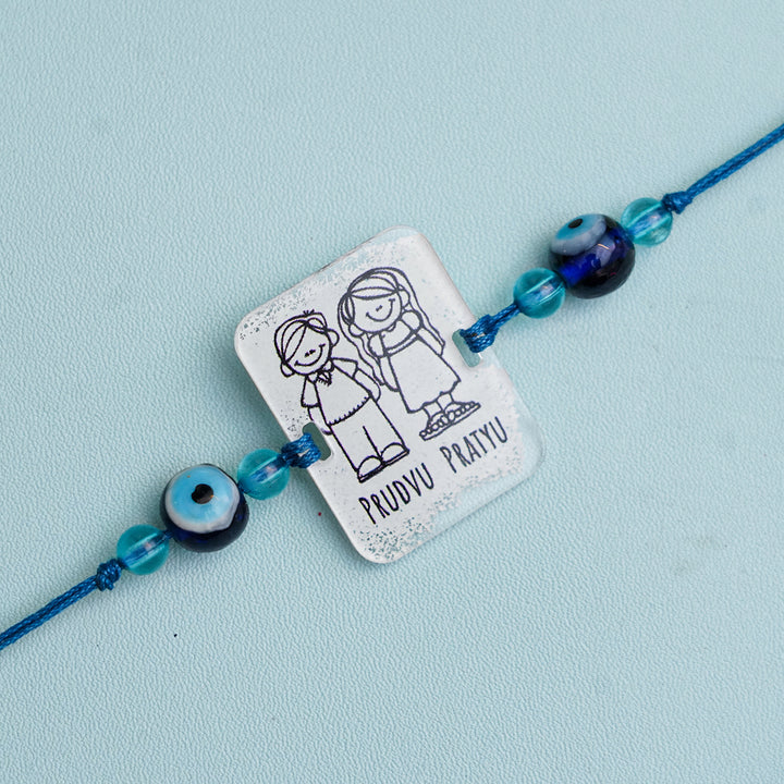 Personalized Handmade 3D Line Art Bro & Sis Evil Eye Beads Acrylic Rakhi With Roli Chawal