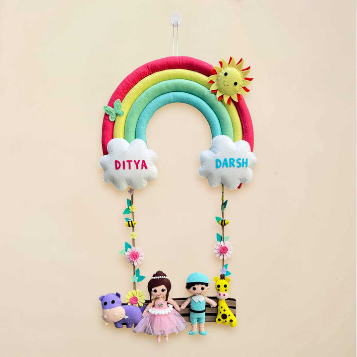 Personalized Rainbow Theme Felt Kids Name Plate For Siblings